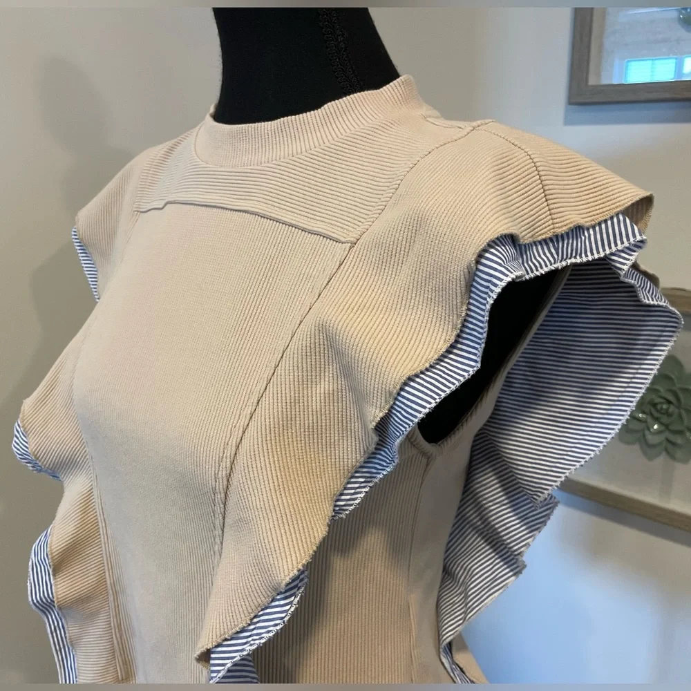 Anthropologie Nautical Ruffle Blouse With Back Buttons EUC - Picture 7 of 14